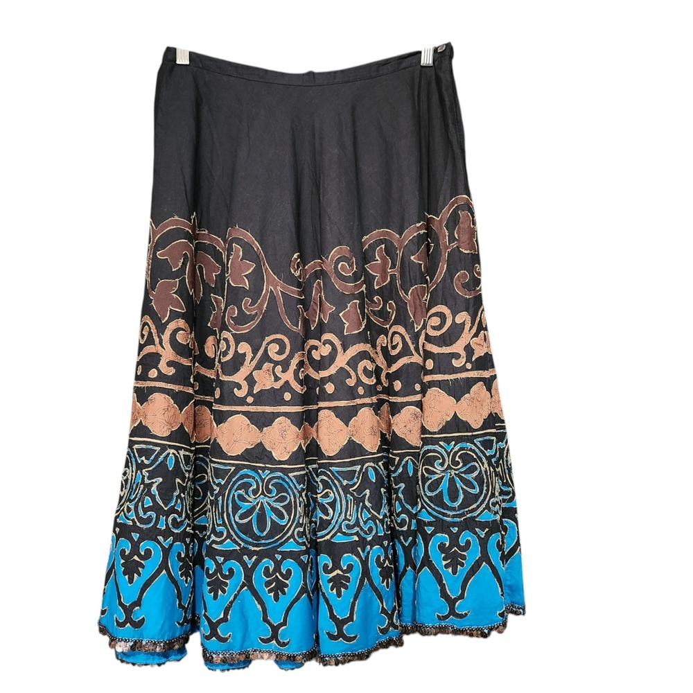 Chicos Midi Full Appliqued Beaded Coined Boho Skirt Size 2 L Black Blue Brown